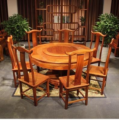 红木家具餐桌缅甸花梨木圆桌九件套简约中式风饭桌配套实木餐桌椅
